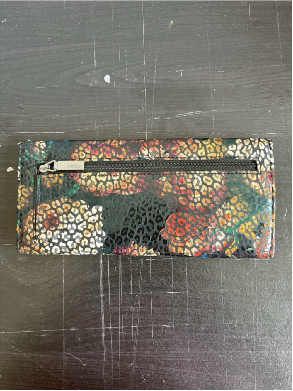 Hobo The Original Leather Trifold Wallet Floral Leopard Print Teal Lining EUC - Picture 3 of 8